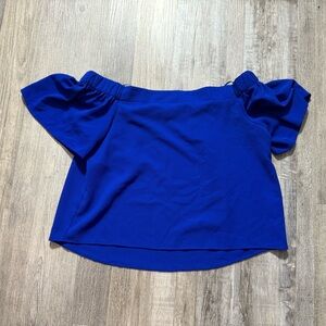 Blue Ruffled Off-Shoulder Puff Sleeve Blouse